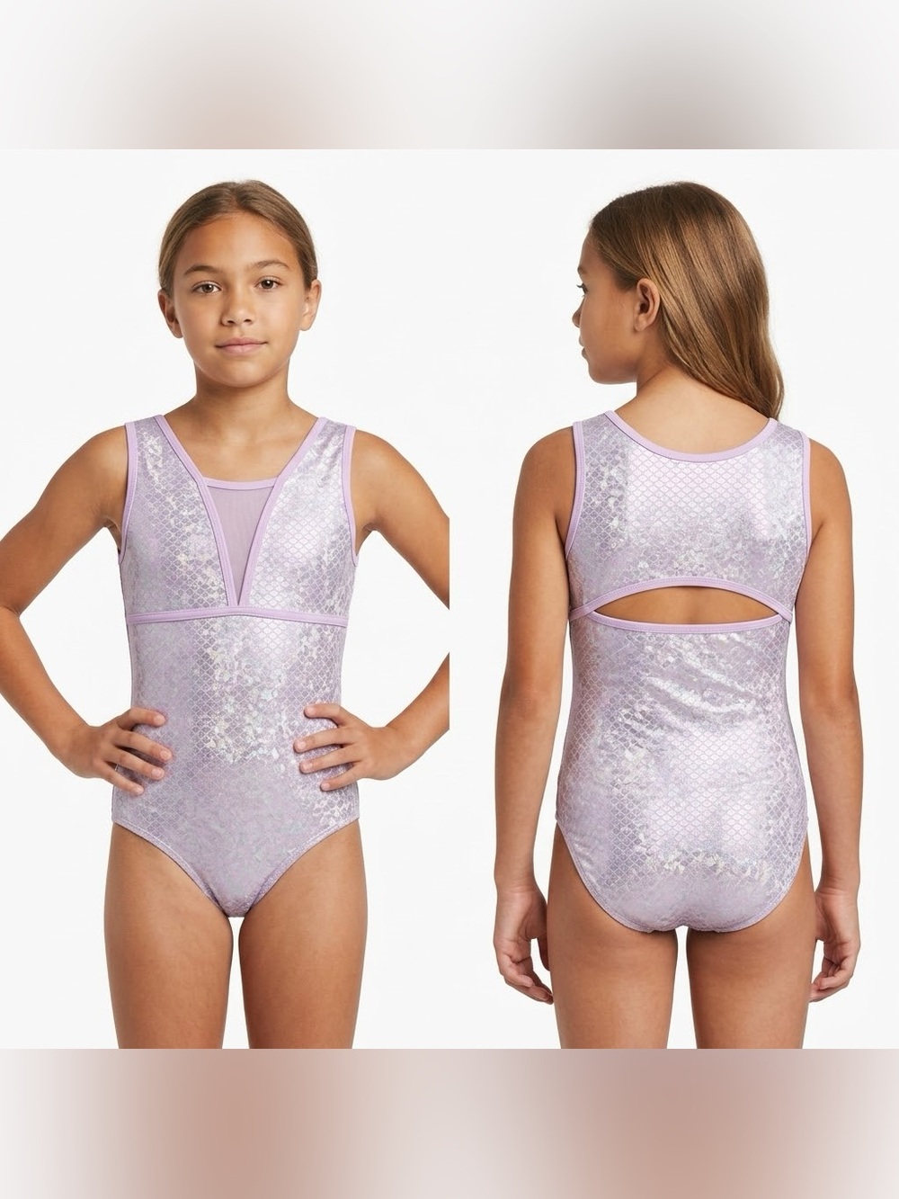 Cat & Jack Girls XL 14/16 Lavender Metallic Mermaid Scale Gymnastics Leotard